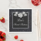 Eleganter Chic Black Glitzer Silver Rose Sweet 16 Serviette (Beispiel)