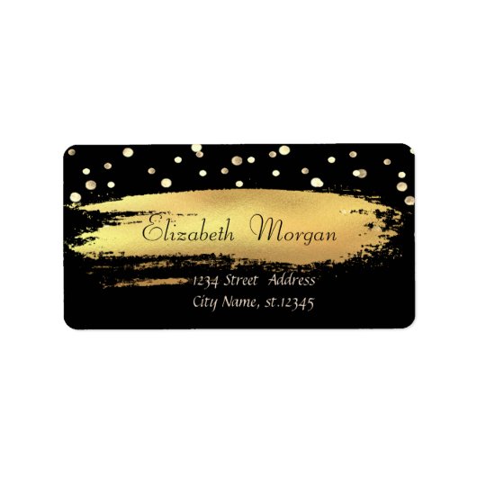 Eleganter Chic Black, Gold Confetti, Brush Stroke Adressaufkleber (Vorne)