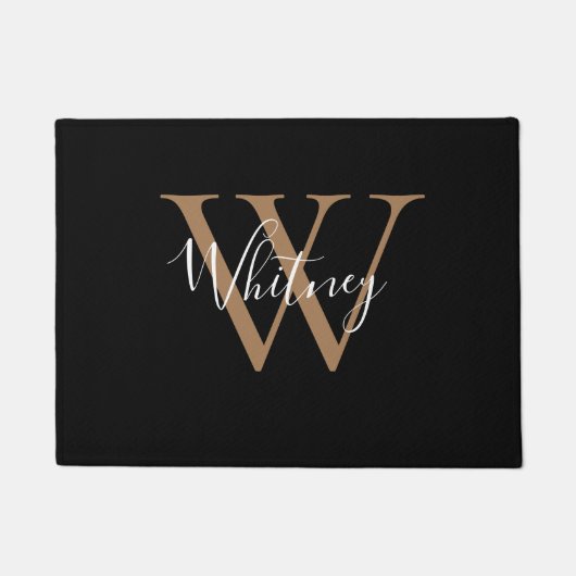 Eleganter Chic Black Gold Monogram Script Name Fußmatte (Vorderseite)