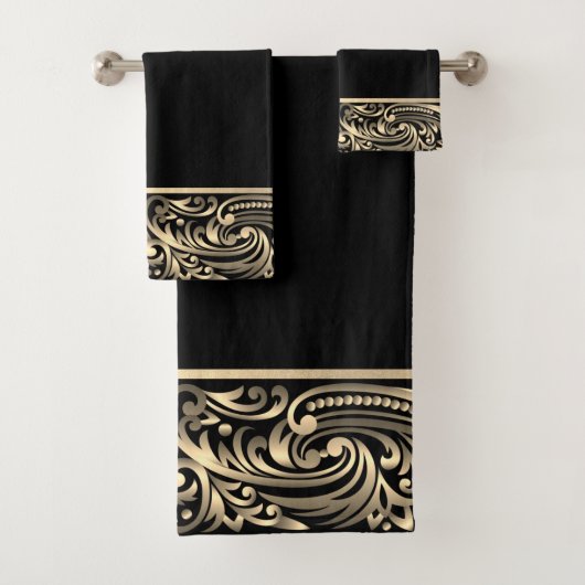Eleganter Chic Black Gold Wirbel Badhandtuch Set (Insitu)