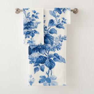 Eleganter Chic Blau und Weiß Vintage Blume Badhandtuch Set