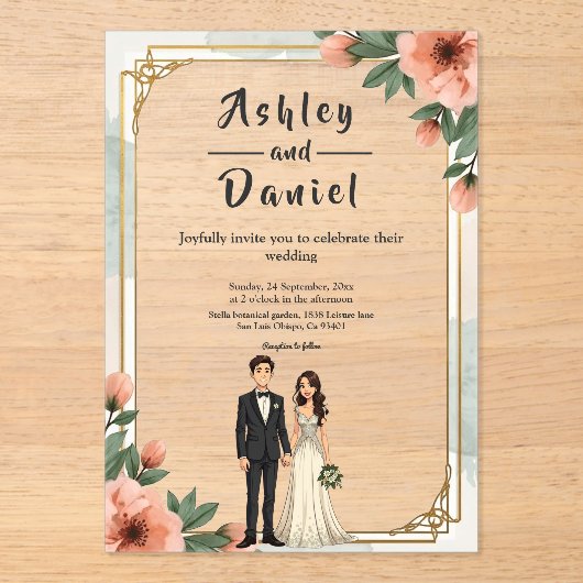 Eleganter Chic Blumen Bridge and Groom Wedding Acryleinladungen (Vorderseite)