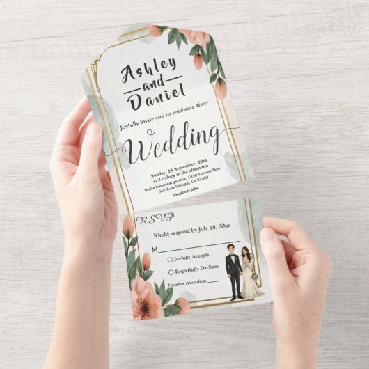 Eleganter Chic Blumen Bridge and Groom Wedding All In One Einladung (Abreißen)