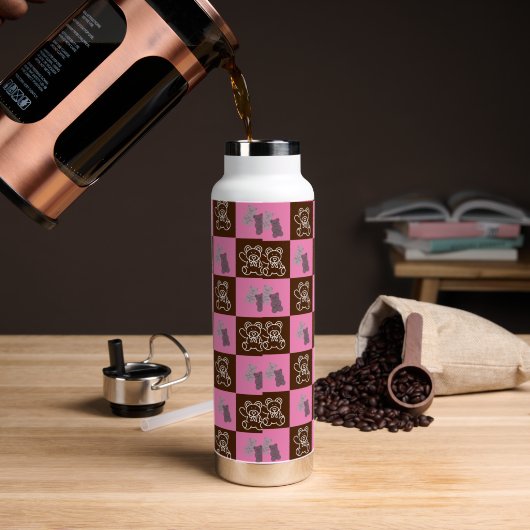 Eleganter Chic Brown Kariert & Bär Trinkflasche (Kaffee)