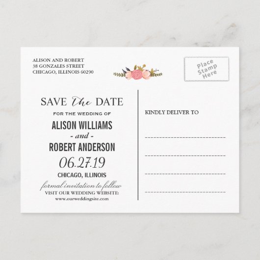 Eleganter Chic Floral White Antler Save the Date Ankündigungspostkarte (Rückseite)