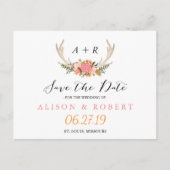 Eleganter Chic Floral White Antler Save the Date Ankündigungspostkarte (Vorderseite)