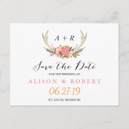 Eleganter Chic Floral White Antler Save the Date Ankündigungspostkarte
