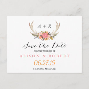 Eleganter Chic Floral White Antler Save the Date Ankündigungspostkarte