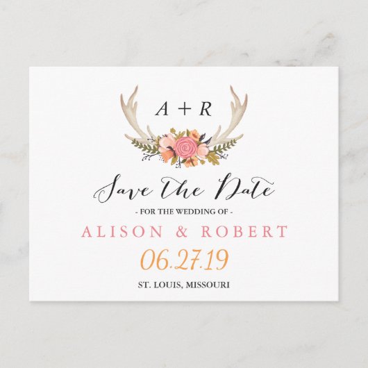 Eleganter Chic Floral White Antler Save the Date Ankündigungspostkarte (Vorderseite)