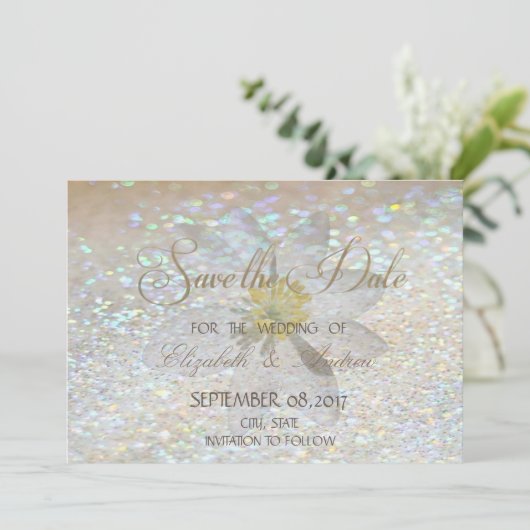 Eleganter Chic, Glitzer, Daisy Wedding Save the da Date (Stehend Vorderseite)