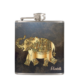 Eleganter Chic Gold Elefant Blumen, Leder Optik Flachmann
