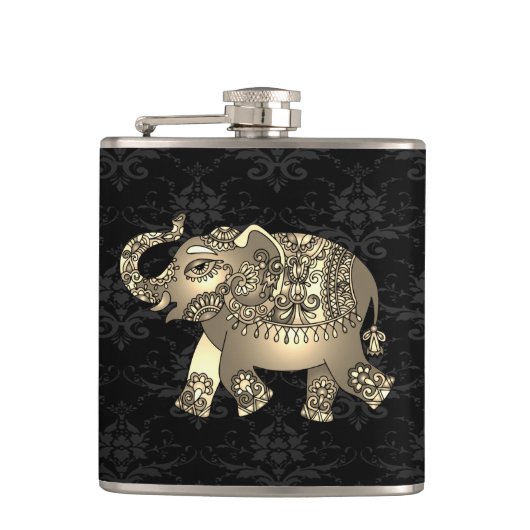 Eleganter Chic Gold Elephant Floral, Black Damask Flachmann (Vorderseite)