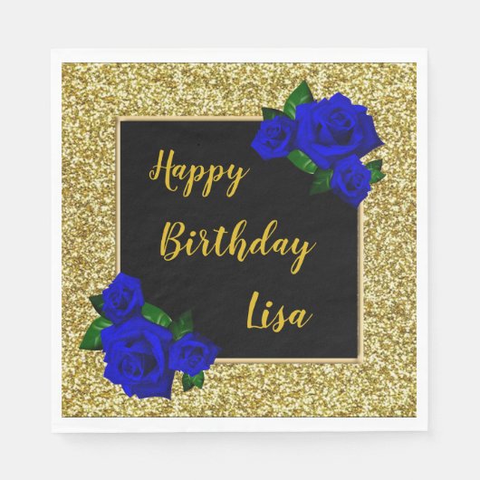 Eleganter Chic Gold Glitzer Deep Blue Rose Geburts Serviette (Vorderseite)