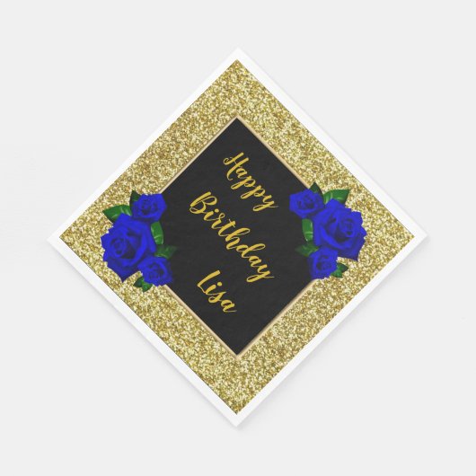 Eleganter Chic Gold Glitzer Deep Blue Rose Geburts Serviette (Ecke)