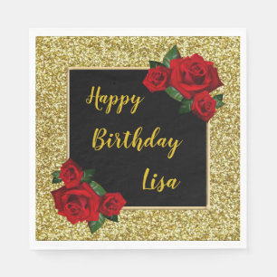 Eleganter Chic Gold Glitzer Rote Rosen Geburtstag Serviette