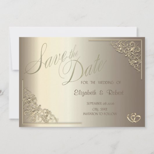 Eleganter Chic Gold-Herzen-Rahmen Save The Date (Vorderseite)