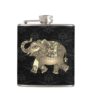 Eleganter Chic Goldener Elefant Blumenmuster, schw Flachmann