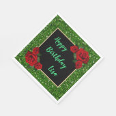 Eleganter Chic Green Glitzer Rote Rosen Geburtstag Serviette (Ecke)