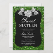 Eleganter Chic Green Glitzer Silver Rose Sweet 16 Einladung (Vorderseite)