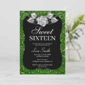 Eleganter Chic Green Glitzer Silver Rose Sweet 16 Einladung (Stehend Vorderseite)