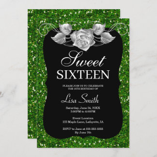 Eleganter Chic Green Glitzer Silver Rose Sweet 16 Einladung