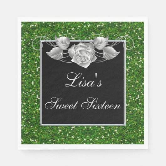 Eleganter Chic Green Glitzer Silver Rose Sweet 16 Serviette (Vorderseite)