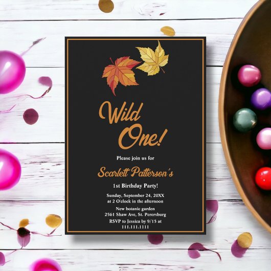 Eleganter Chic Herbstlaub Schwarz-weiß 1. Geburtst Einladung