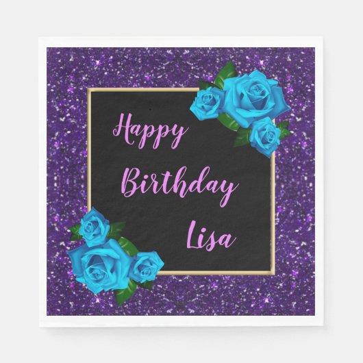 Eleganter Chic Lila Glitzer Blaue Rose Geburtstag Serviette (Vorderseite)