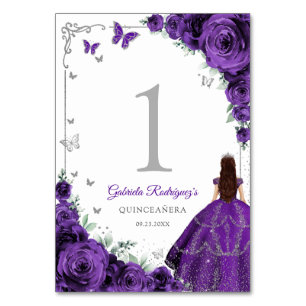 Eleganter Chic Lila Rosen Silber Quinceanera Tischnummer