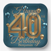 Eleganter Chic Luxurious Blue und Gold 40. Geburts Pappteller (Vorderseite)