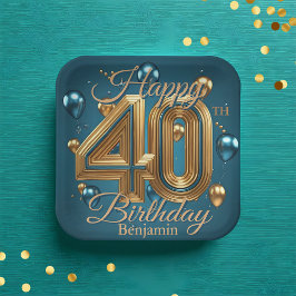 Eleganter Chic Luxurious Blue und Gold 40. Geburts Pappteller