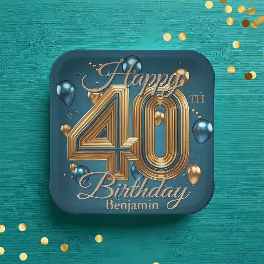 Eleganter Chic Luxurious Blue und Gold 40. Geburts Pappteller