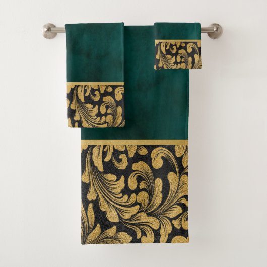 Eleganter Chic Old Gold Wirbel Green Badhandtuch Set (Insitu)