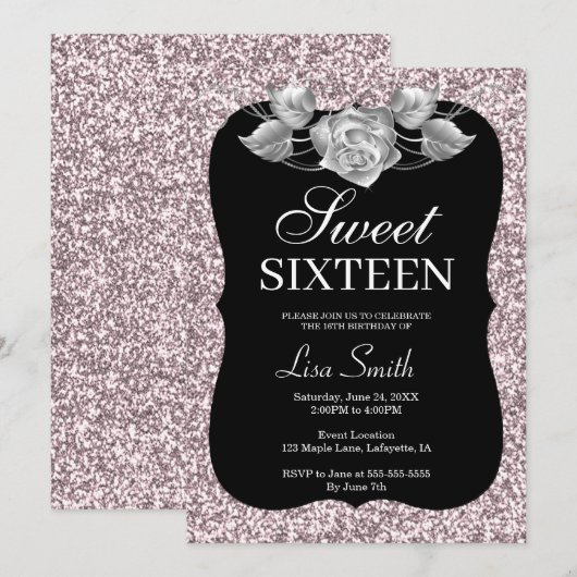 Eleganter Chic Pink Glitzer Silver Rose Sweet 16 Einladung (Vorne/Hinten)
