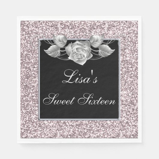 Eleganter Chic Pink Glitzer Silver Rose Sweet 16 Serviette (Vorderseite)