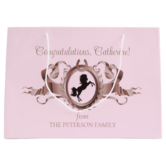 Eleganter Chic Pink Reittier Ribbon Wappen Name Große Geschenktüte (Vorderseite)