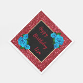 Eleganter Chic Red Glitzer Blaue Rose Geburtstag Serviette (Ecke)