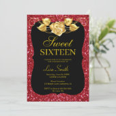 Eleganter Chic Red Glitzer Gold Rose Sweet 16 Einladung (Stehend Vorderseite)