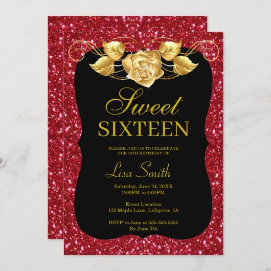 Eleganter Chic Red Glitzer Gold Rose Sweet 16 Einladung (Vorne/Hinten)