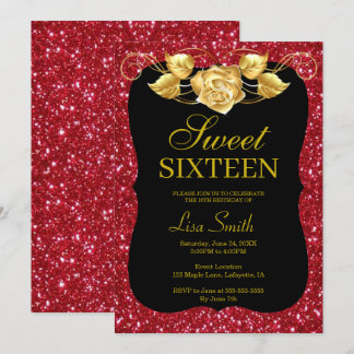 Eleganter Chic Red Glitzer Gold Rose Sweet 16 Einladung