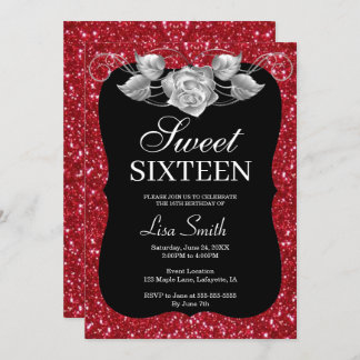 Eleganter Chic Red Glitzer Silver Rose Sweet 16 Einladung