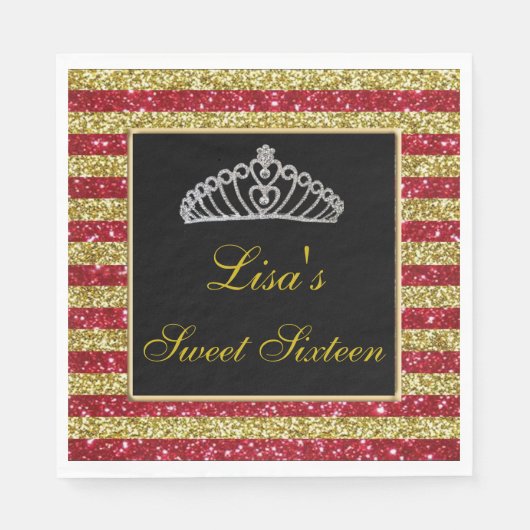 Eleganter Chic Red Gold Glitzer Tiara Sweet 16 Serviette (Vorderseite)