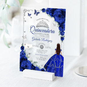 Eleganter Chic Royalblauer Rosen Silber Quinceaner Acryleinladungen