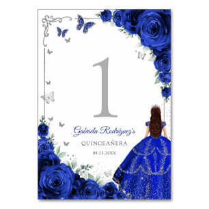 Eleganter Chic Royalblauer Rosen Silber Quinceaner Tischnummer