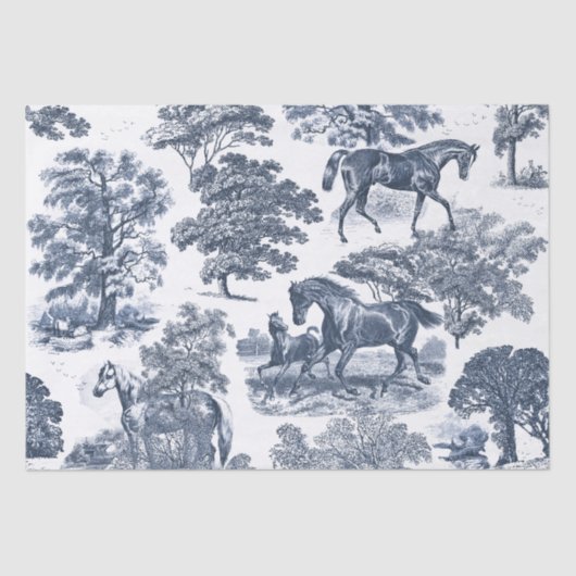Eleganter Chic Rustic Horses Blue White Toile Seidenpapier (Vorderseite)