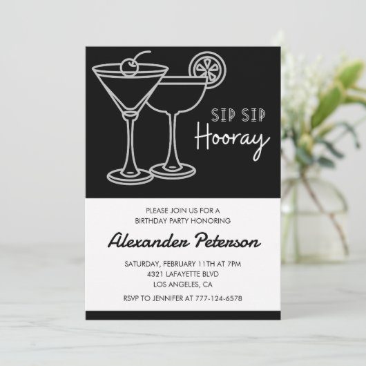 Eleganter Chic Schwarz-weiß Cocktail 43. Geburtsta Einladung (Stehend Vorderseite)