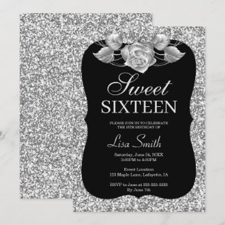 Eleganter Chic Silver Glitzer Silver Rose Sweet 16 Einladung