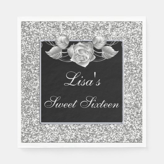 Eleganter Chic Silver Glitzer Silver Rose Sweet 16 Serviette (Vorderseite)
