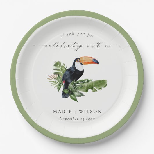 Eleganter Chic Tropical Rainforest Toucan Wedding Pappteller (Vorderseite)