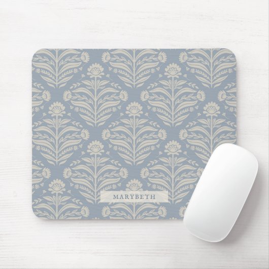 Eleganter Chic Vintag Dusty Blue Beige Damask Mousepad (Mit Mouse)